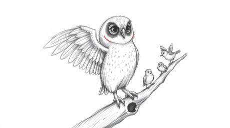 A heartwarming hand-drawn sketch in the style of Pixar portrays a wise, blind owl with incredibly soft, feathery textures gui