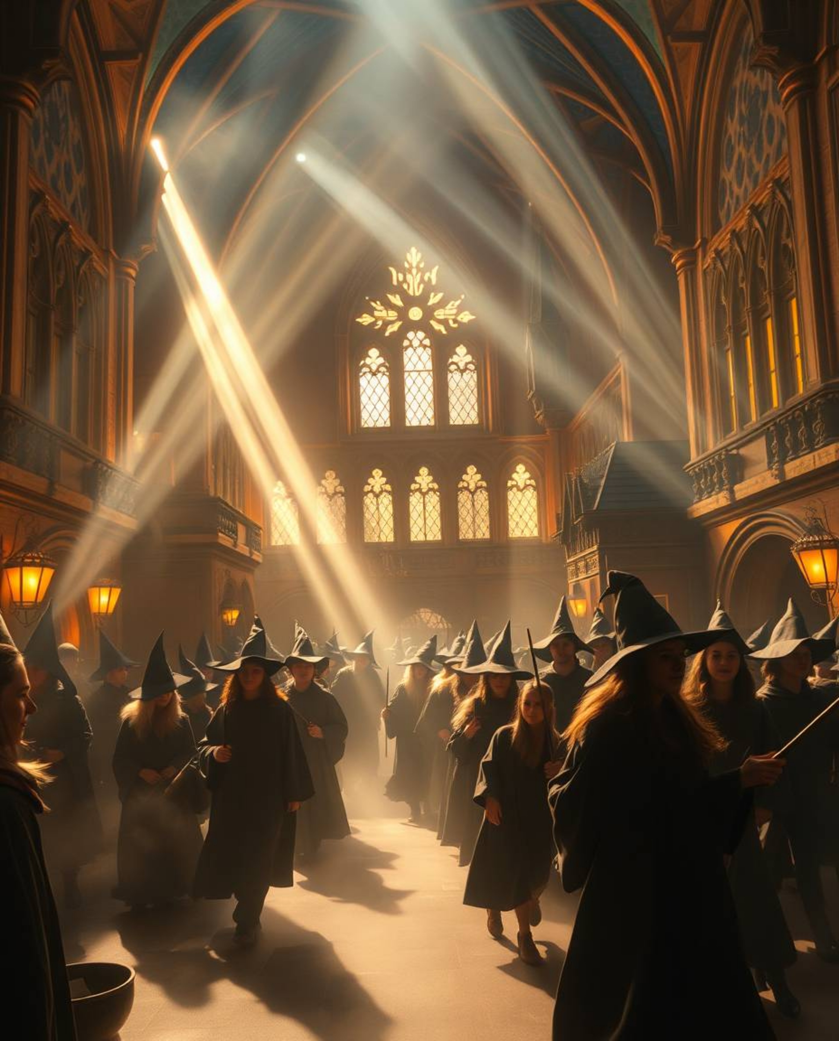 Immerse yourself in a magical school filled with young wizards, bathed in volumetric lighting and a warm golden glow. Light b
