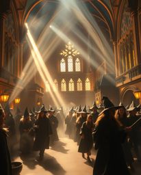 Immerse yourself in a magical school filled with young wizards, bathed in volumetric lighting and a warm golden glow. Light b