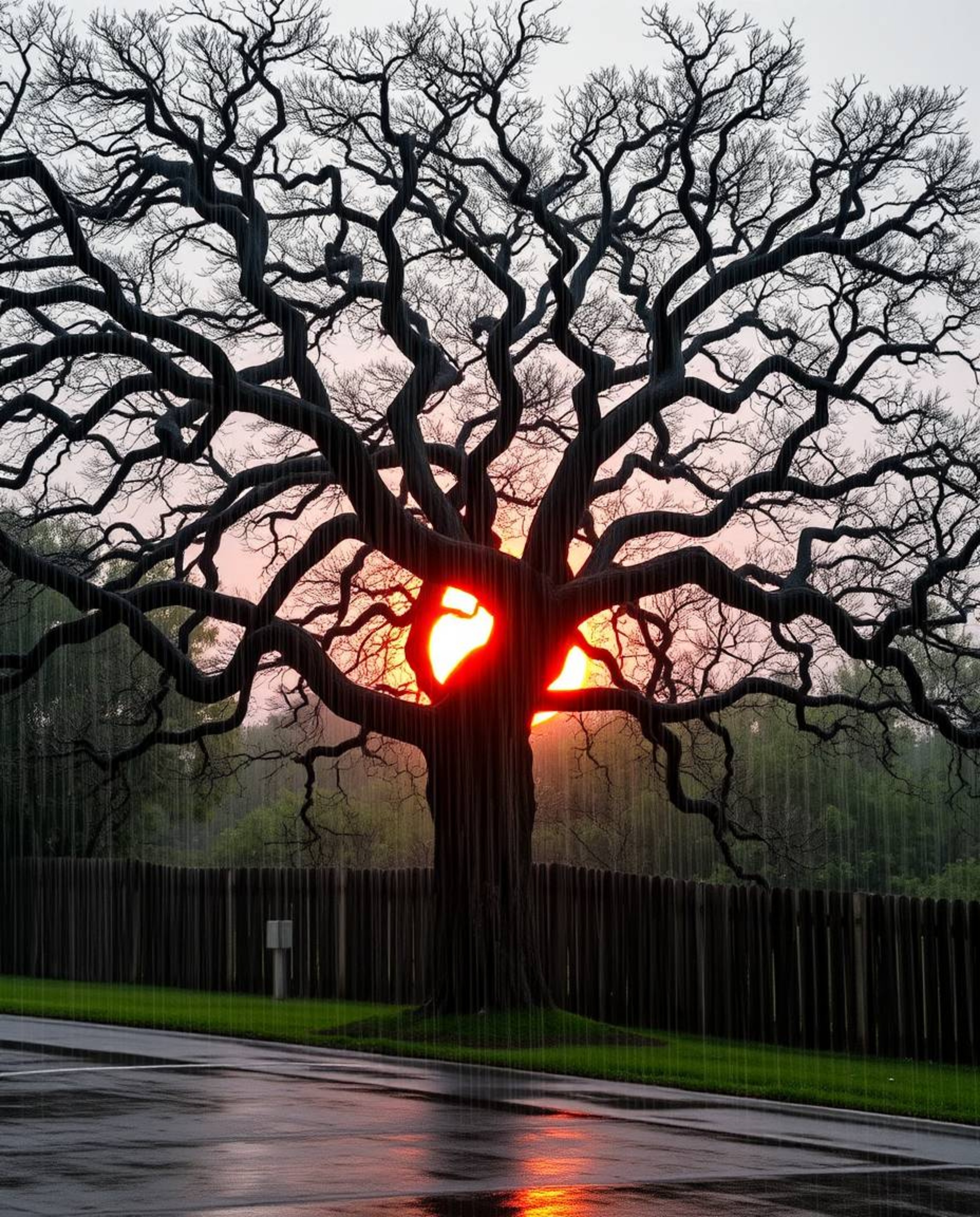 A wet rainy scene featuring an intricate origami style sunset behind an old oak tree with twisted branches. This unique artwo