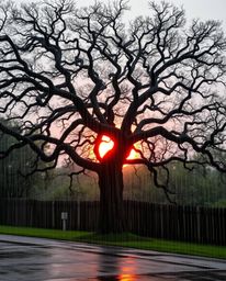 A wet rainy scene featuring an intricate origami style sunset behind an old oak tree with twisted branches. This unique artwo