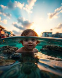 In a unique fusion of styles, this candid street photography captures an adorable and cute scene of a colorful sky over a cor