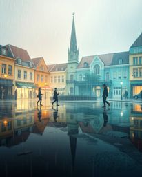 A vibrant musical number unfolds in a brightly lit town square during a gentle, atmospheric rainstorm.  The scene is beautifu