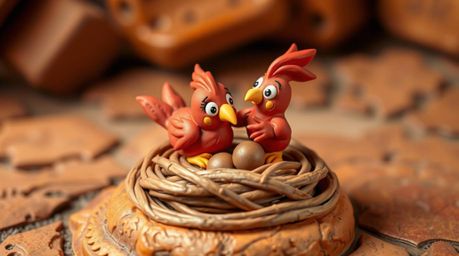 Explore this captivating sculptural clay art piece featuring two cartoon birds diligently building a nest. Rendered in a clas
