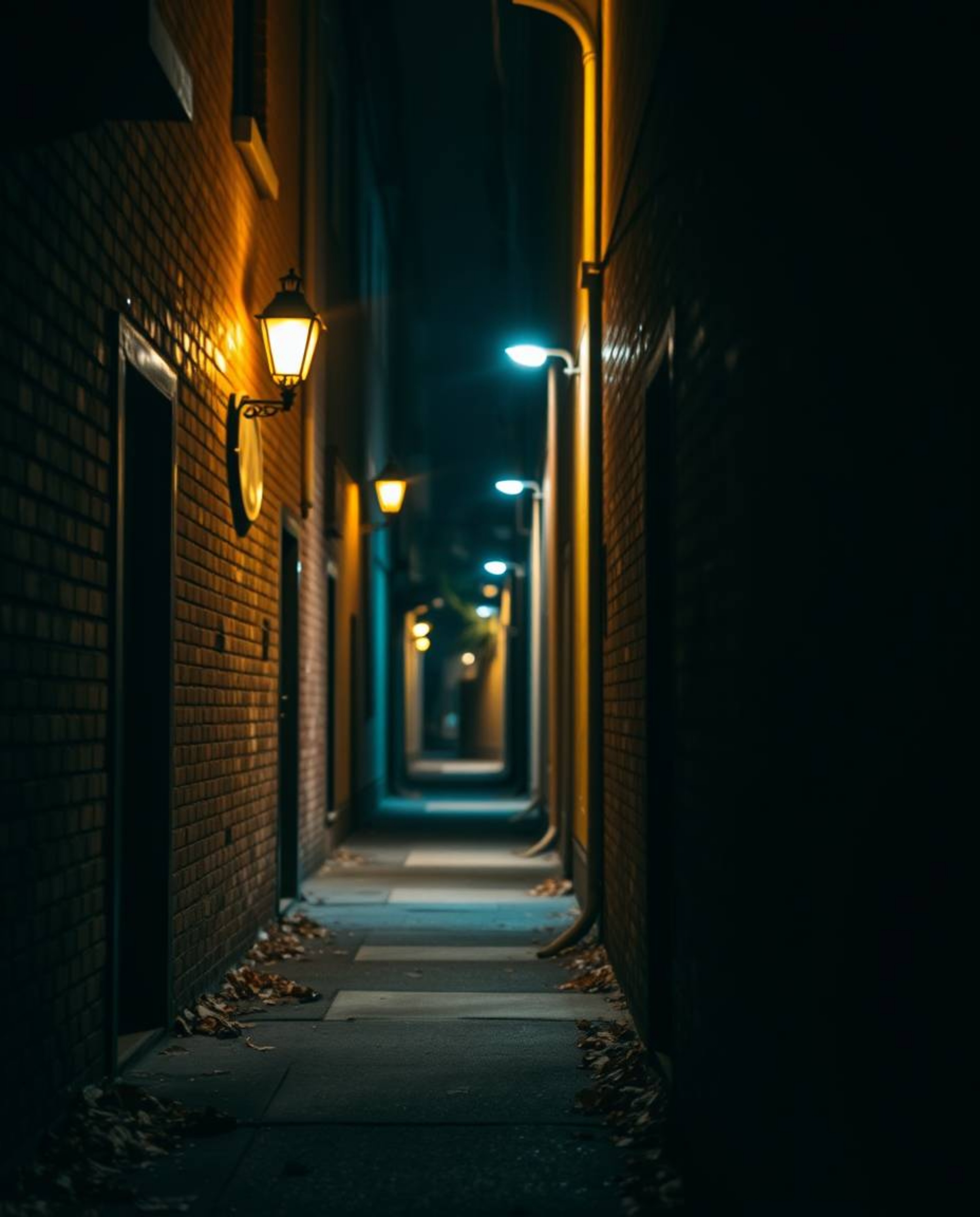 This high-resolution stock photo captures a captivating scene of eyes peering from the shadows of an alley at night. The imag