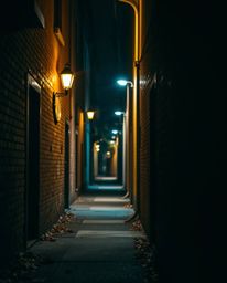 This high-resolution stock photo captures a captivating scene of eyes peering from the shadows of an alley at night. The imag