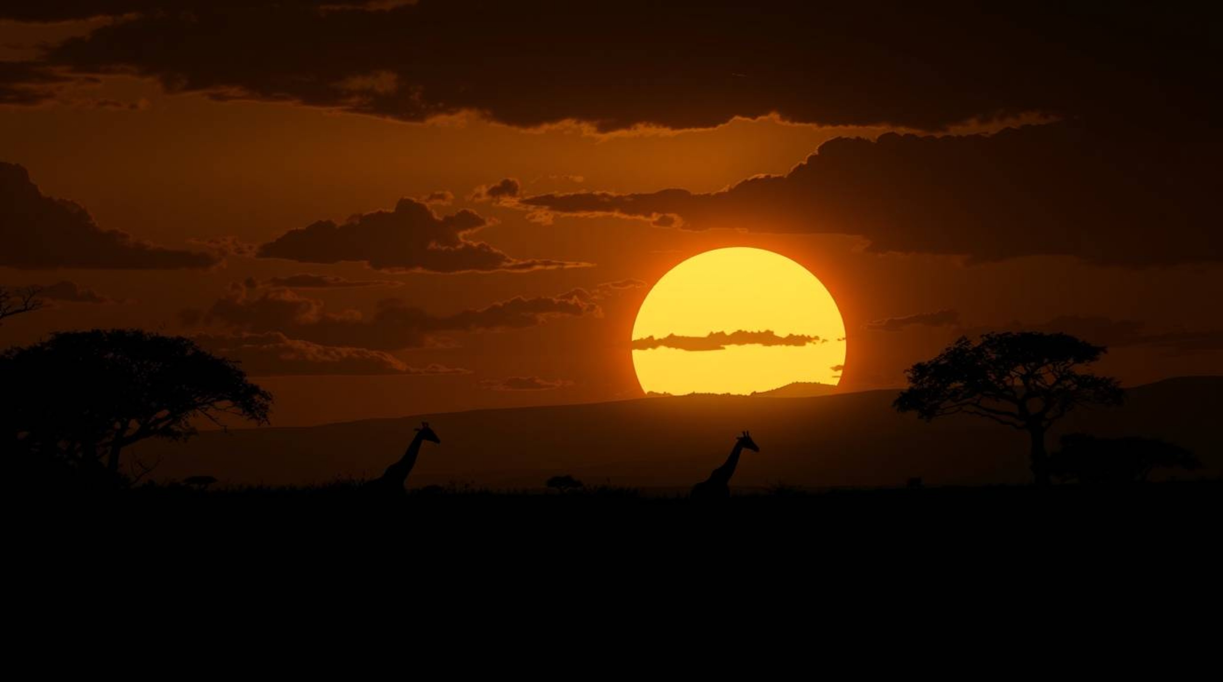 Experience the breathtaking beauty of a savanna sunset depicted in a contrasting chiaroscuro lighting, rendered in a captivat