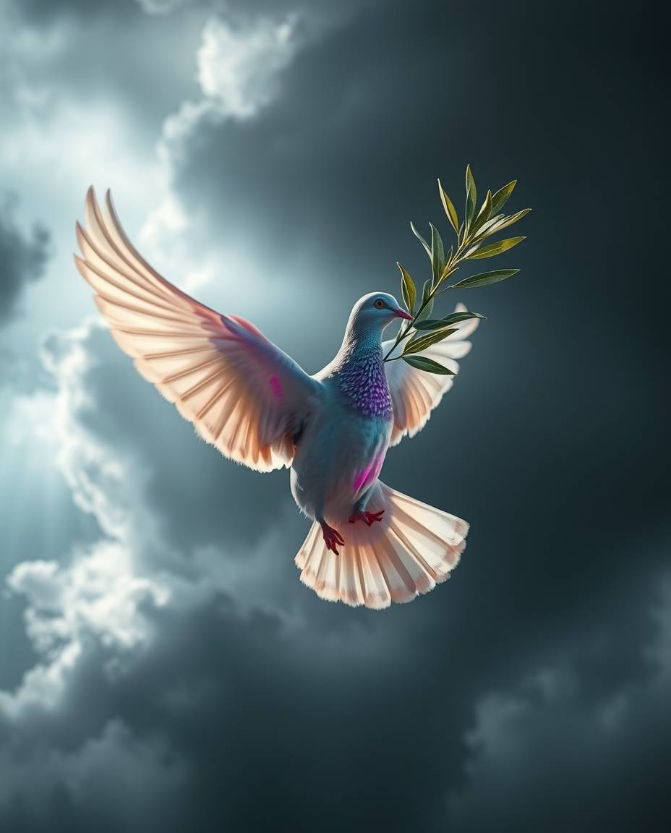 A captivating image of a dove carrying an olive branch, soaring through dramatically stormy skies. The scene is enhanced by i