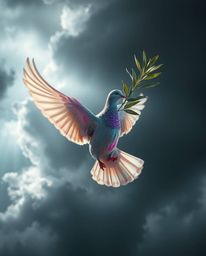 A captivating image of a dove carrying an olive branch, soaring through dramatically stormy skies. The scene is enhanced by i