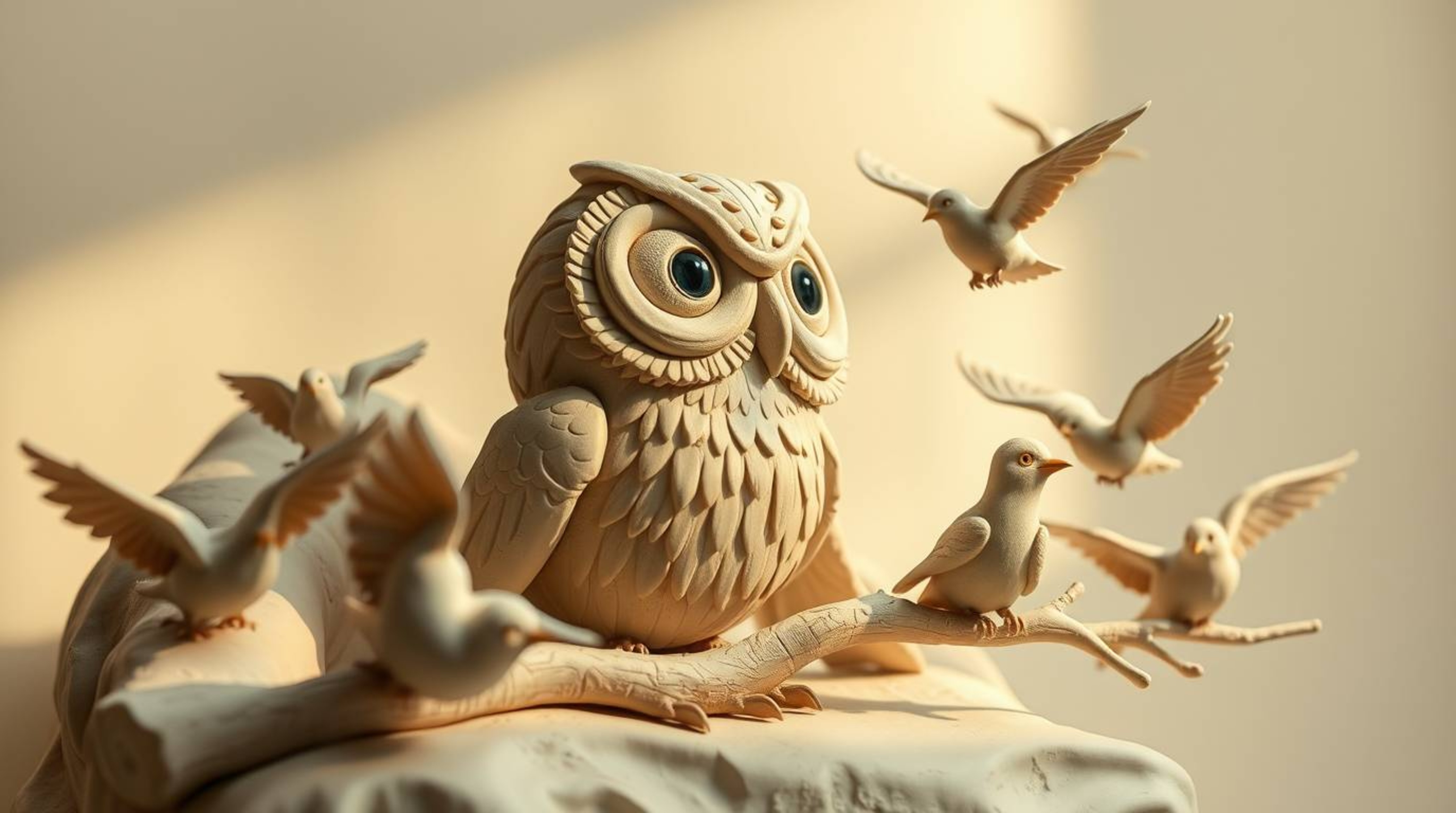 This sculptural clay artwork showcases a Pixar-style blind owl in a moment of serene contemplation.  Depicted teaching birds 