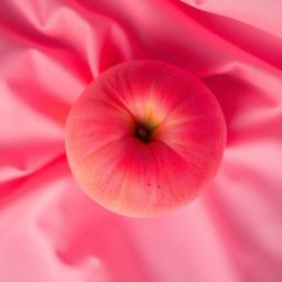 An overhead bird's eye view close-up ASMR image showcasing a blushing pink peach illuminated with glowing bioluminescent colo