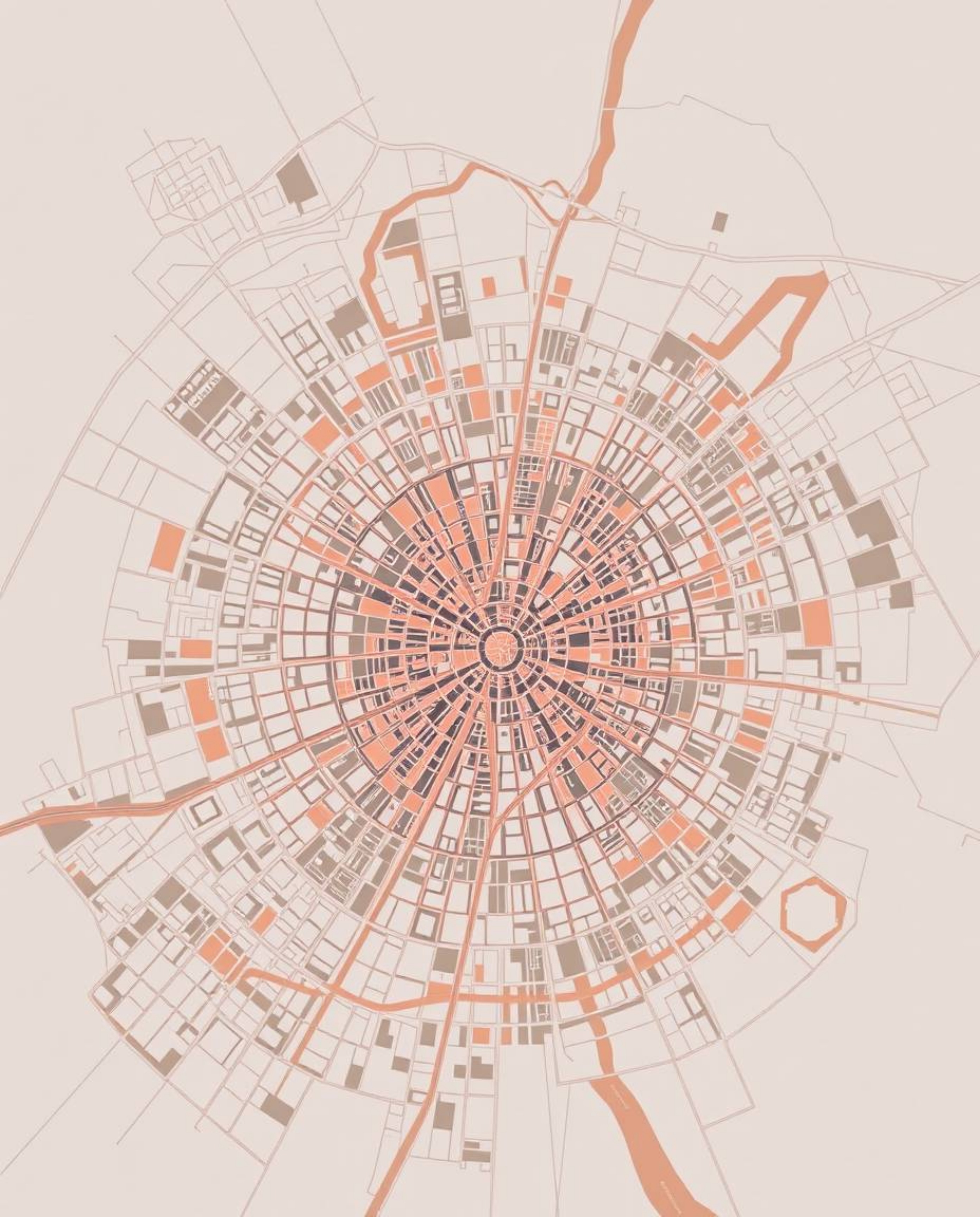 This captivating image features an abstract city map constructed from geometric shapes, presented from a top-down perspective