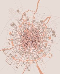 This captivating image features an abstract city map constructed from geometric shapes, presented from a top-down perspective