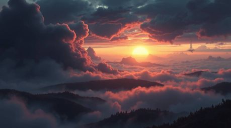A captivating futuristic sci-fi illustration depicting fog-covered hills at sunset, bathed in intense dramatic weather.  The 