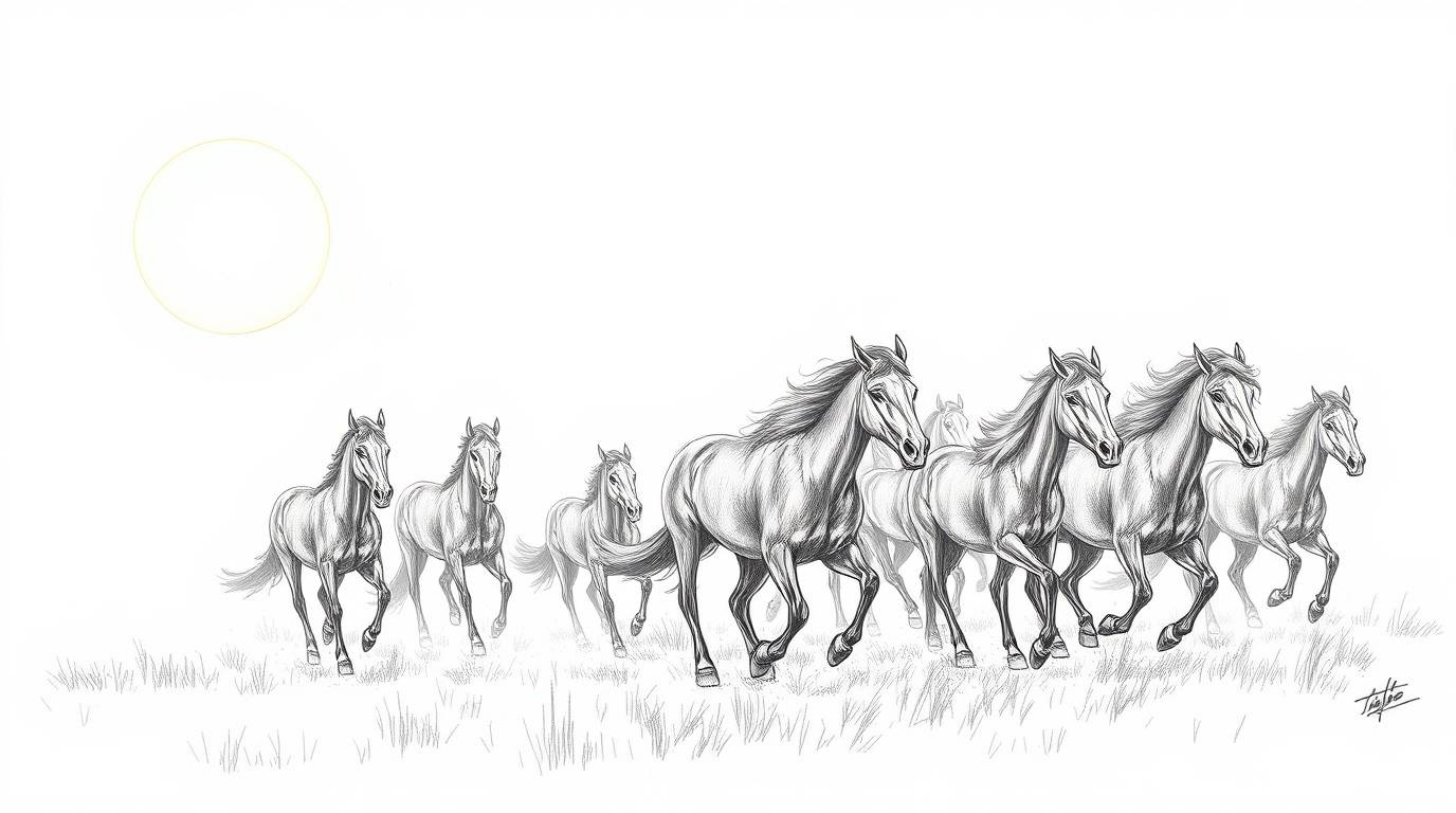This artwork showcases a hand-drawn sketch of a herd of wild horses galloping beneath a luminous sky. The scene is enveloped