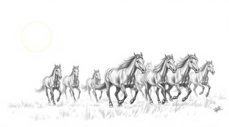 This artwork showcases a hand-drawn sketch of a herd of wild horses galloping beneath a luminous sky. The scene is enveloped 