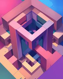 This vibrant Isekai anime-style illustration features a captivating, repetitive Escher-style impossible cube pattern. The exp