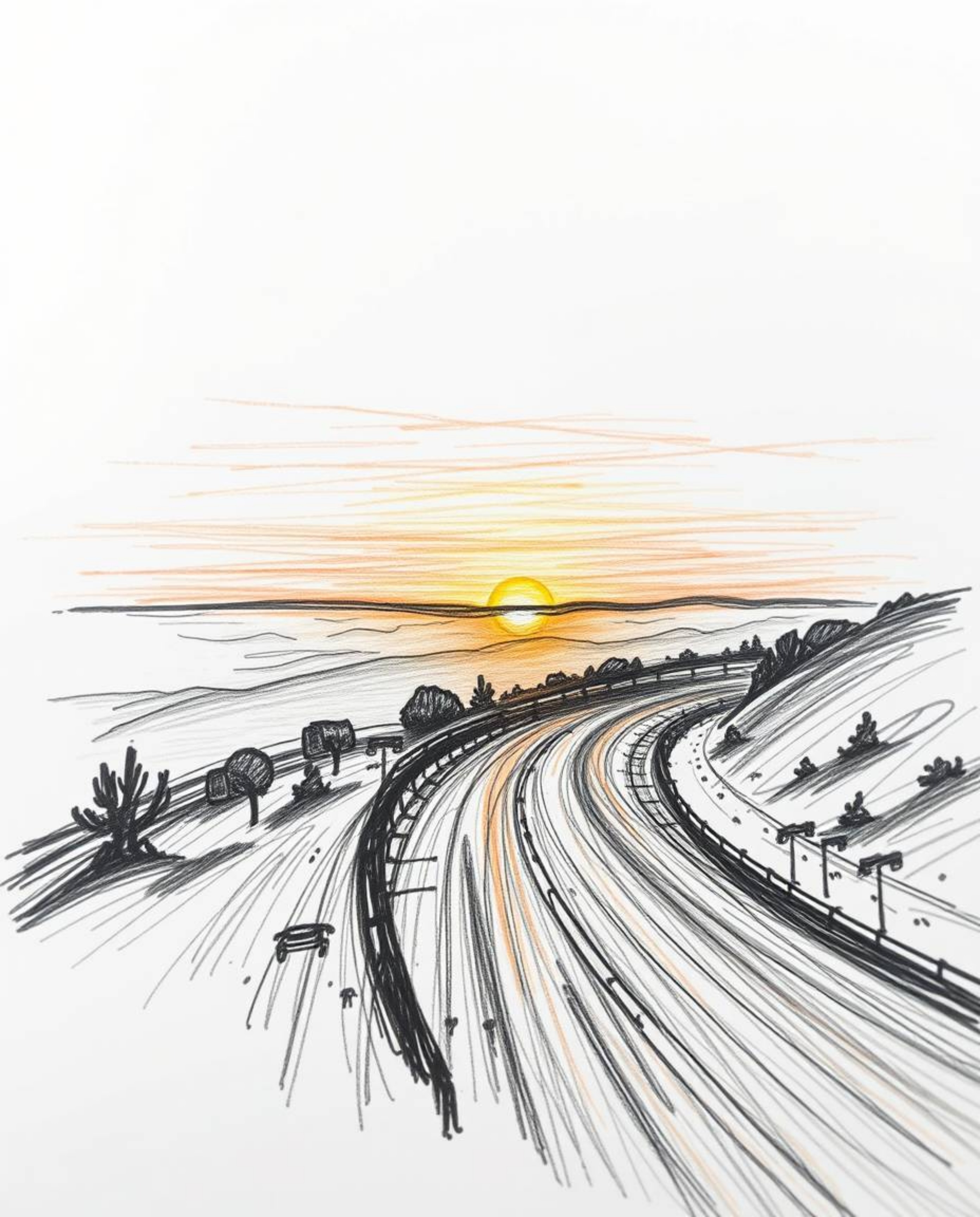 This tight close-up, hand-drawn sketch captures a sunset sky over a winding coastal highway with a strong emphasis on atmosph
