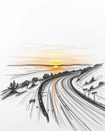 This tight close-up, hand-drawn sketch captures a sunset sky over a winding coastal highway with a strong emphasis on atmosph