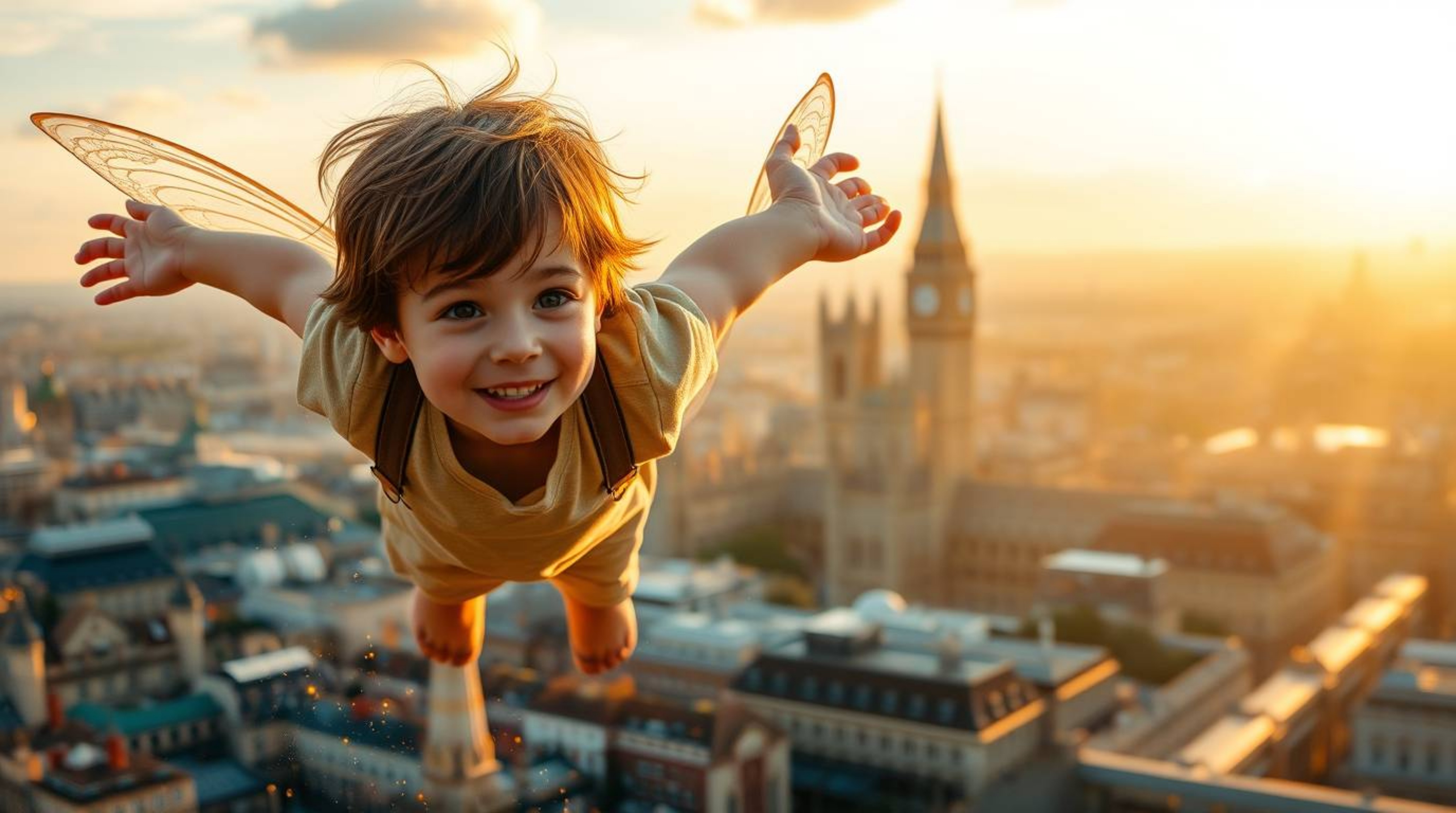 A captivating scene unfolds as a young boy with rosy cheeks and tousled brown hair soars above the sun-drenched London skylin