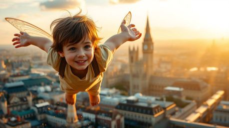 A captivating scene unfolds as a young boy with rosy cheeks and tousled brown hair soars above the sun-drenched London skylin