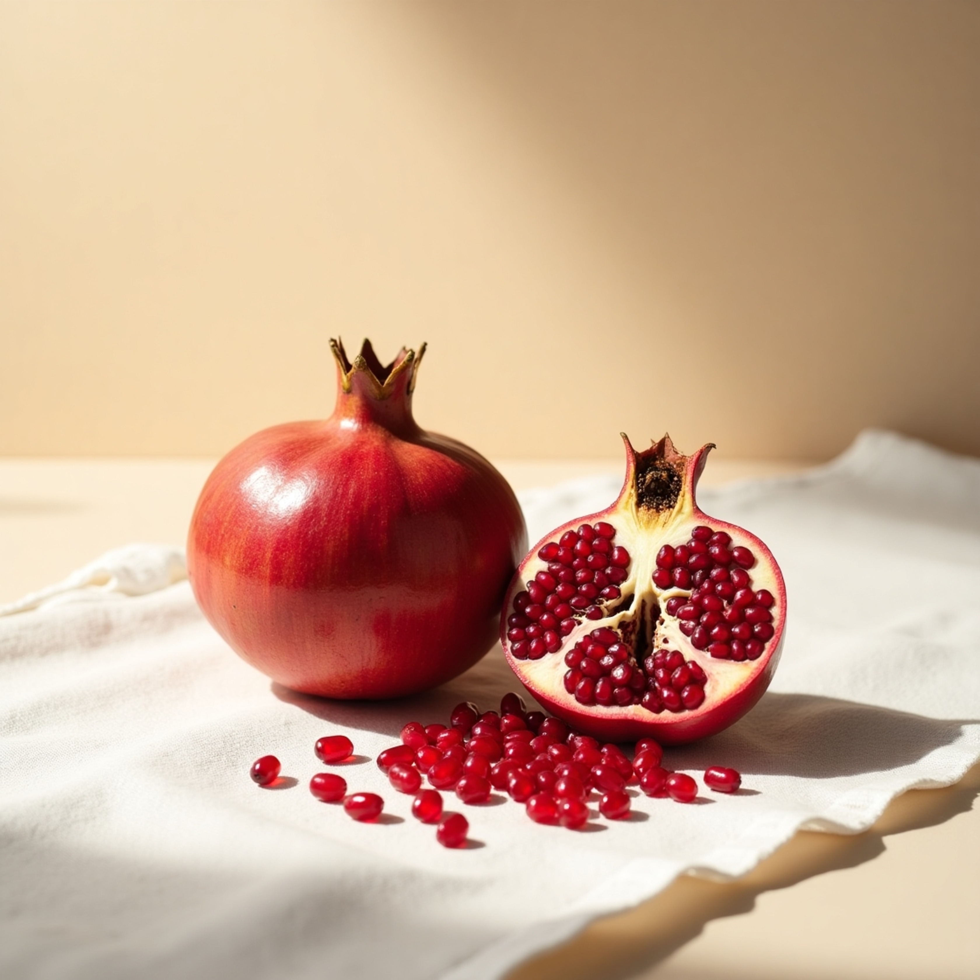 A visually stunning still life featuring a halved pomegranate with vibrant red arils glistening on crisp white linen. The com