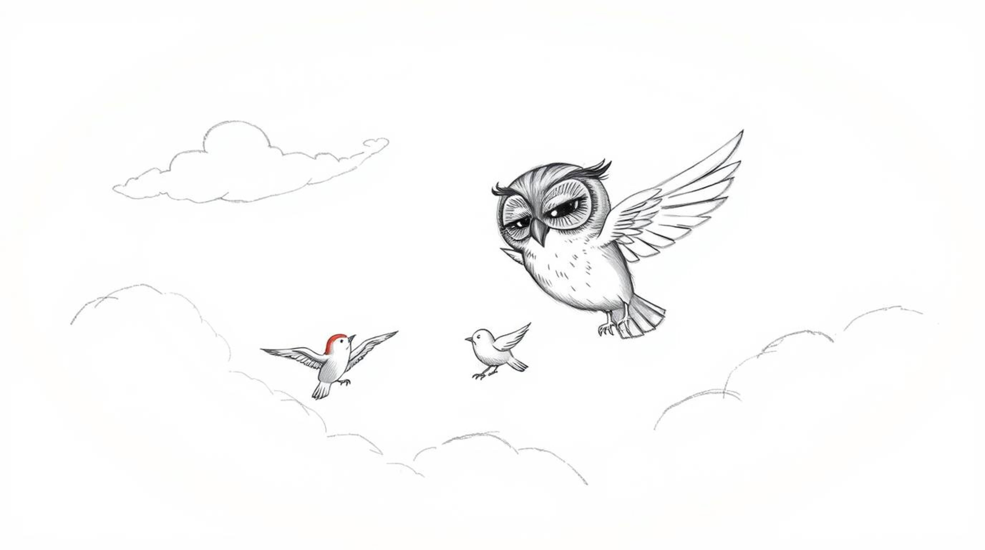 This is a Pixar-style hand-drawn sketch that captures a heartwarming moment. A blind owl, characterized by its soft plumage a