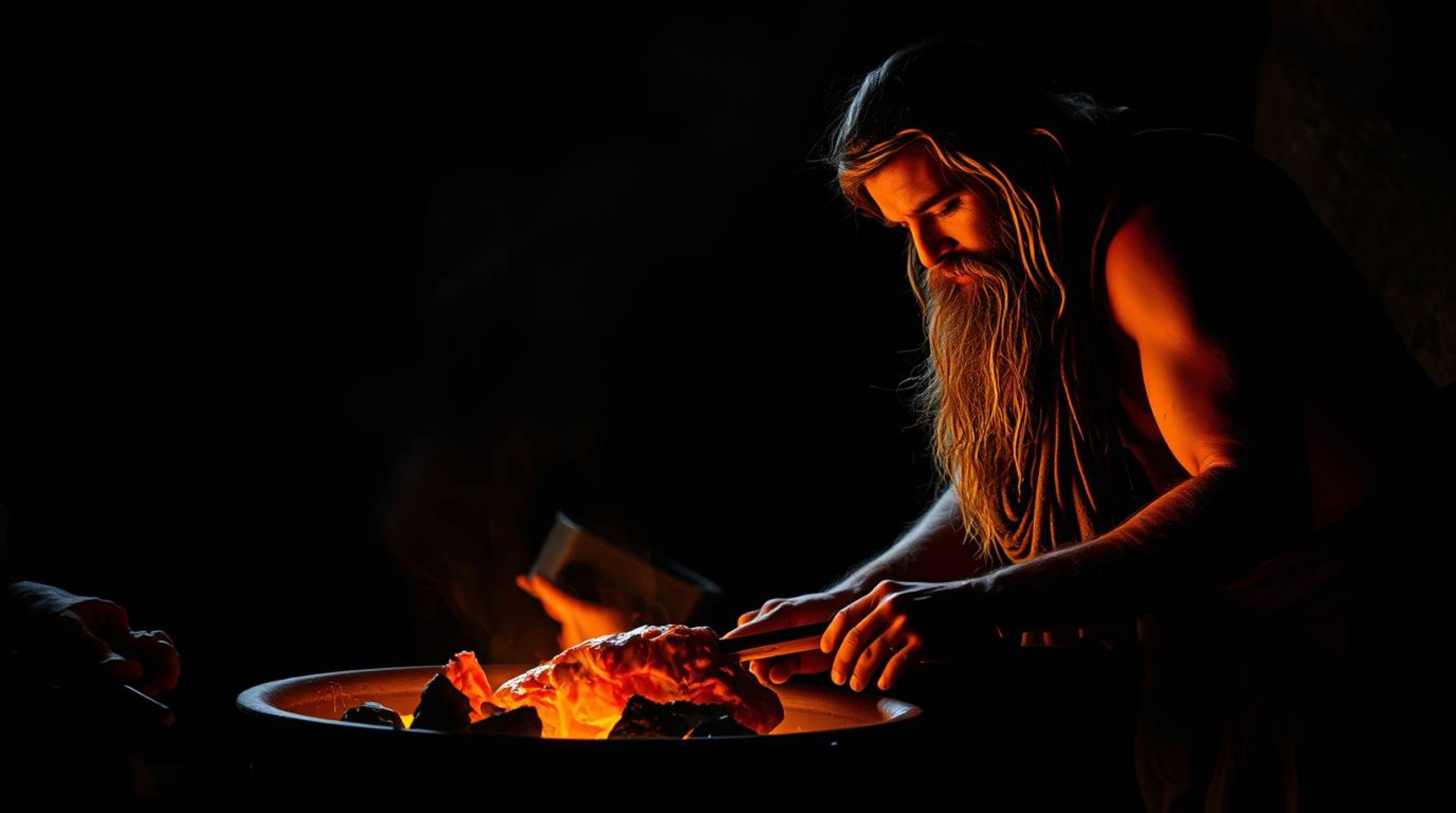 Witness a caveman expertly preparing mammoth meat in the captivating glow of either the early morning sunrise or the late aft