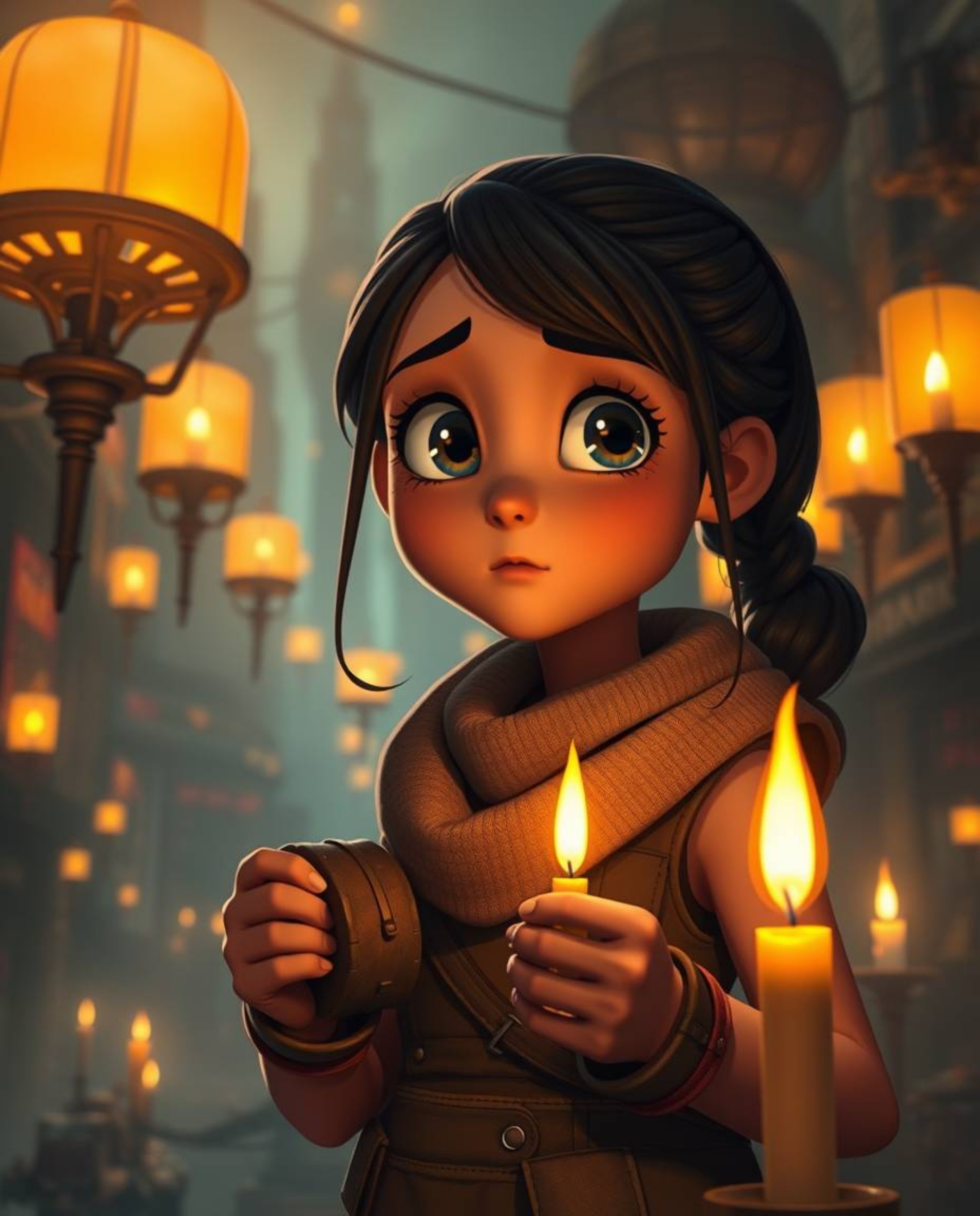 A young inventor girl with a curious expression navigates a futuristic city, rendered in a charming Pixar-like style. Bathed 
