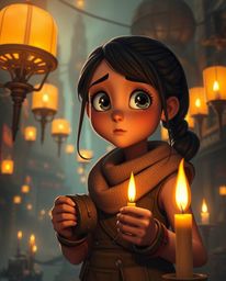 A young inventor girl with a curious expression navigates a futuristic city, rendered in a charming Pixar-like style. Bathed 