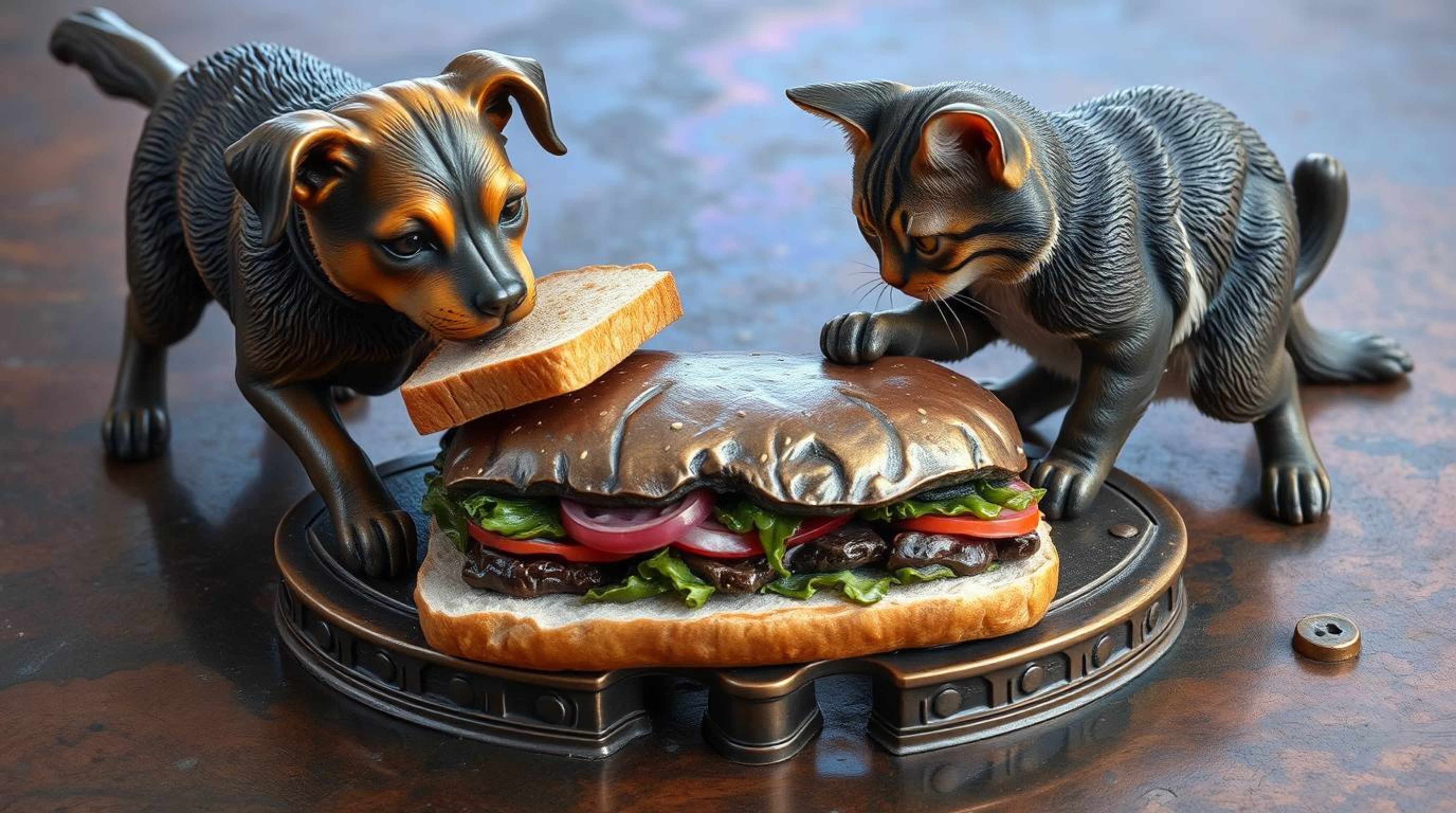 A comical scene unfolds featuring a dog and a cat locked in a playful struggle over a massive sandwich. The artwork is visual