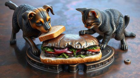 A comical scene unfolds featuring a dog and a cat locked in a playful struggle over a massive sandwich. The artwork is visual