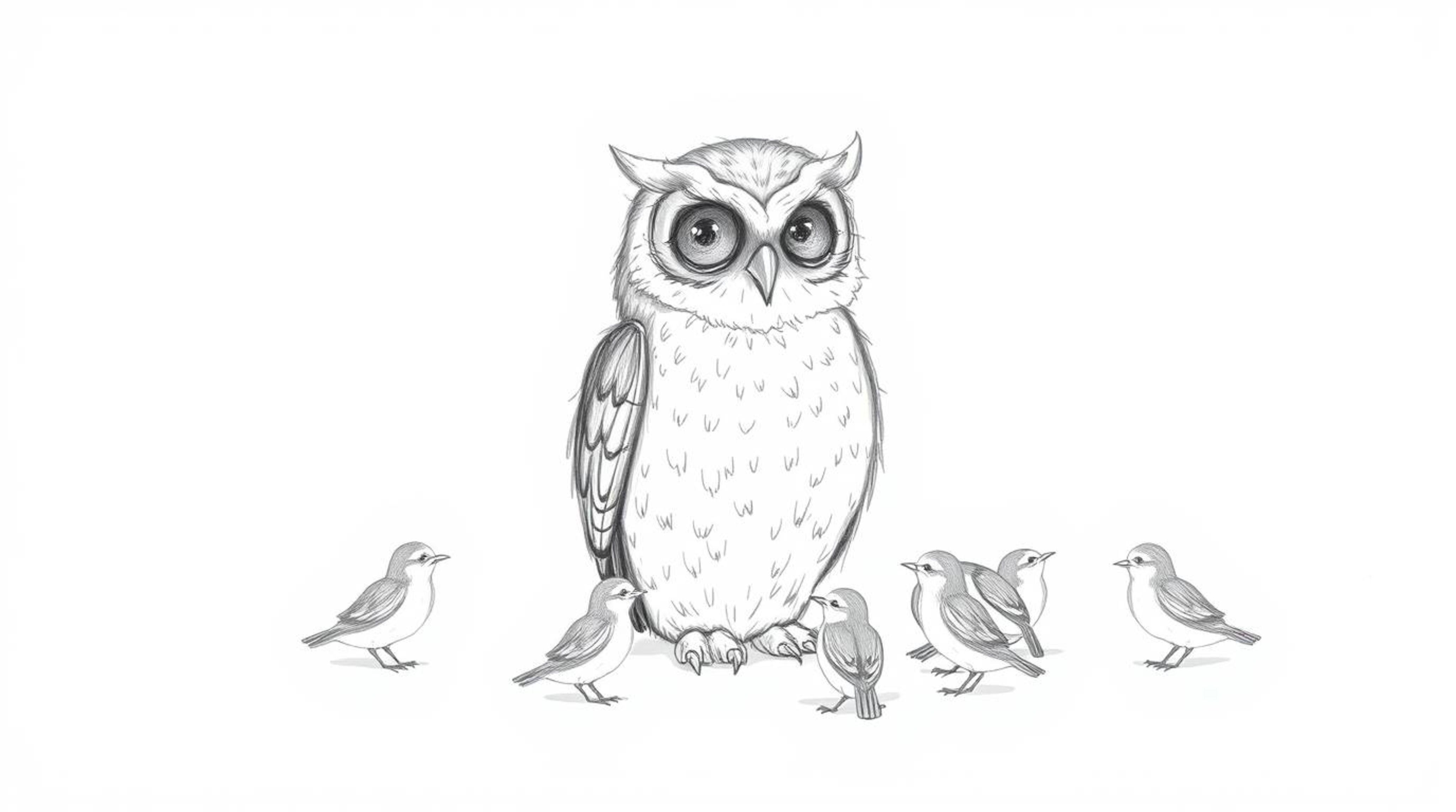 A heartwarming Pixar-esque hand-drawn sketch depicts a blind owl, patiently teaching young birds how to fly. The illustration