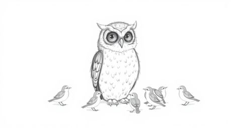 A heartwarming Pixar-esque hand-drawn sketch depicts a blind owl, patiently teaching young birds how to fly. The illustration