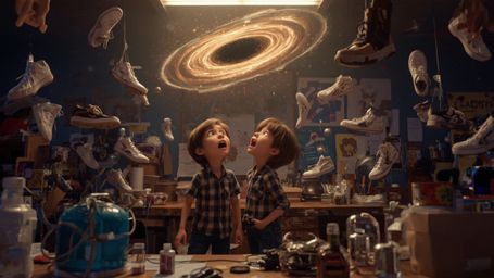 In a vibrant, whimsical photograph reminiscent of Pixar's storytelling style, a dynamic science fair duo stands amidst a clut
