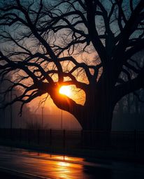 An eerie and creepy atmosphere pervades this wet rainy scene, featuring a sunset behind an old oak tree with twisted branches