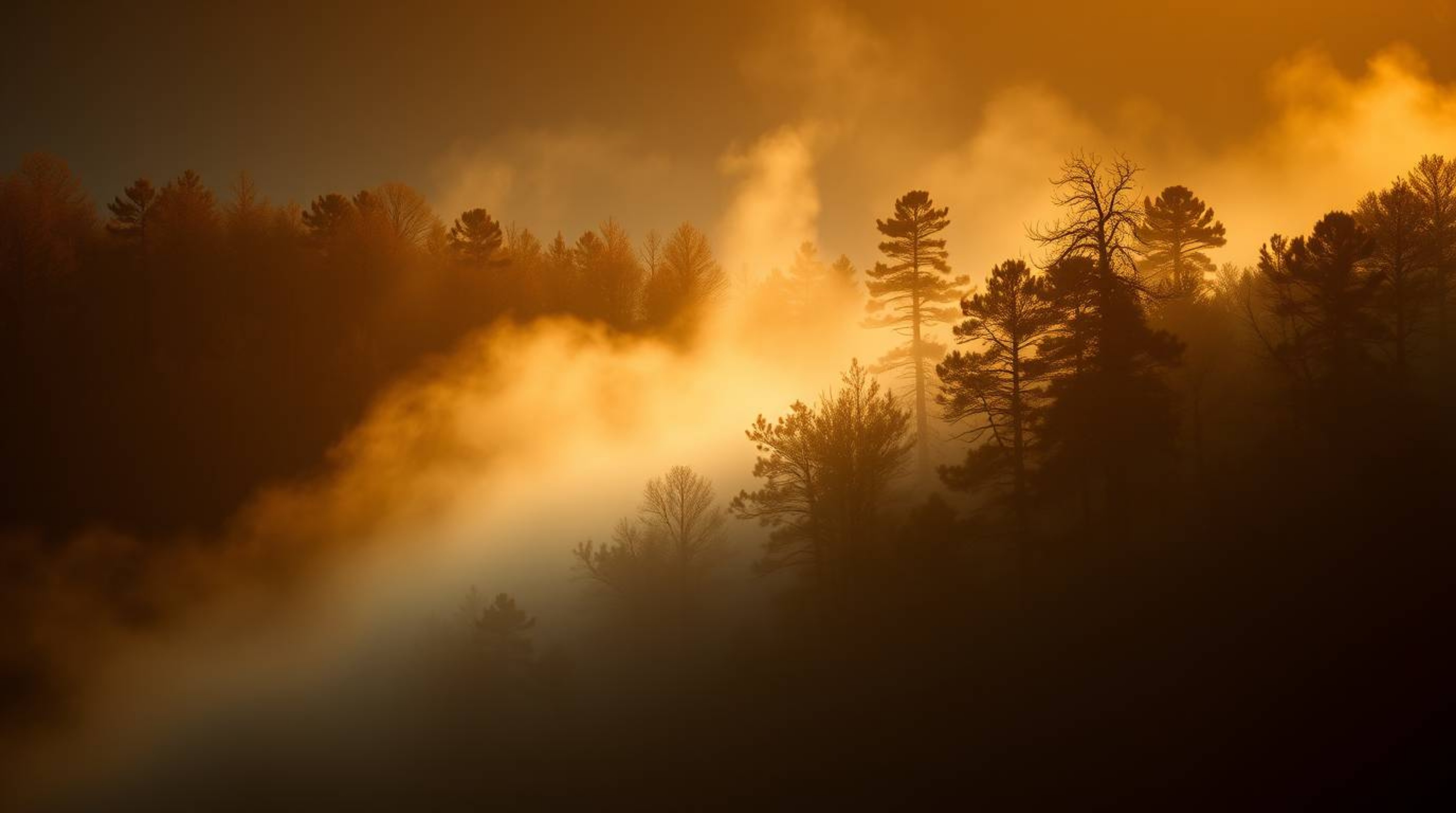 Capture the dramatic beauty of a misty forest at golden hour. This image showcases high contrast, low-key lighting with a war