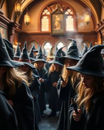 Explore a captivating world of young wizards within a magical school, captured in extreme macro close-up with gentle soft lig