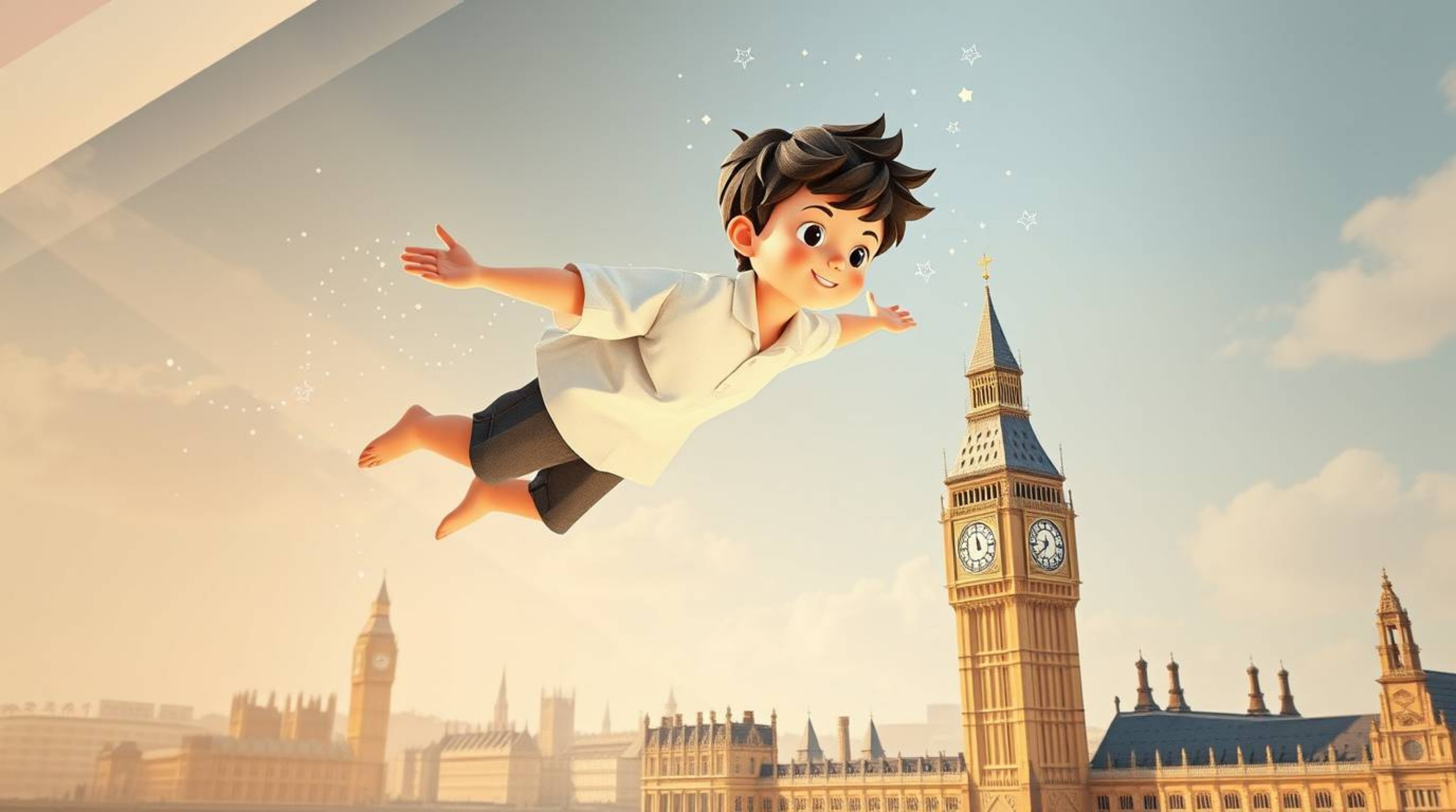 A captivating origami-style illustration portrays a young boy with fair skin and dark hair soaring above London, propelled by