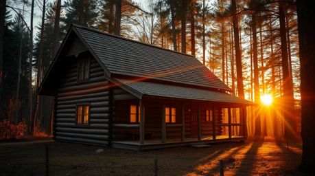 Immerse yourself in the serene beauty of a sunset woods with this captivating image of an old wooden cabin. Bathed in a warm 