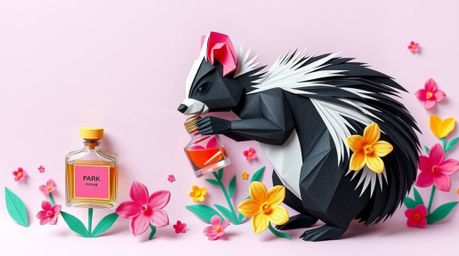 This captivating artwork showcases a cartoon skunk playfully spraying perfume onto delicate flowers, rendered in an intricate