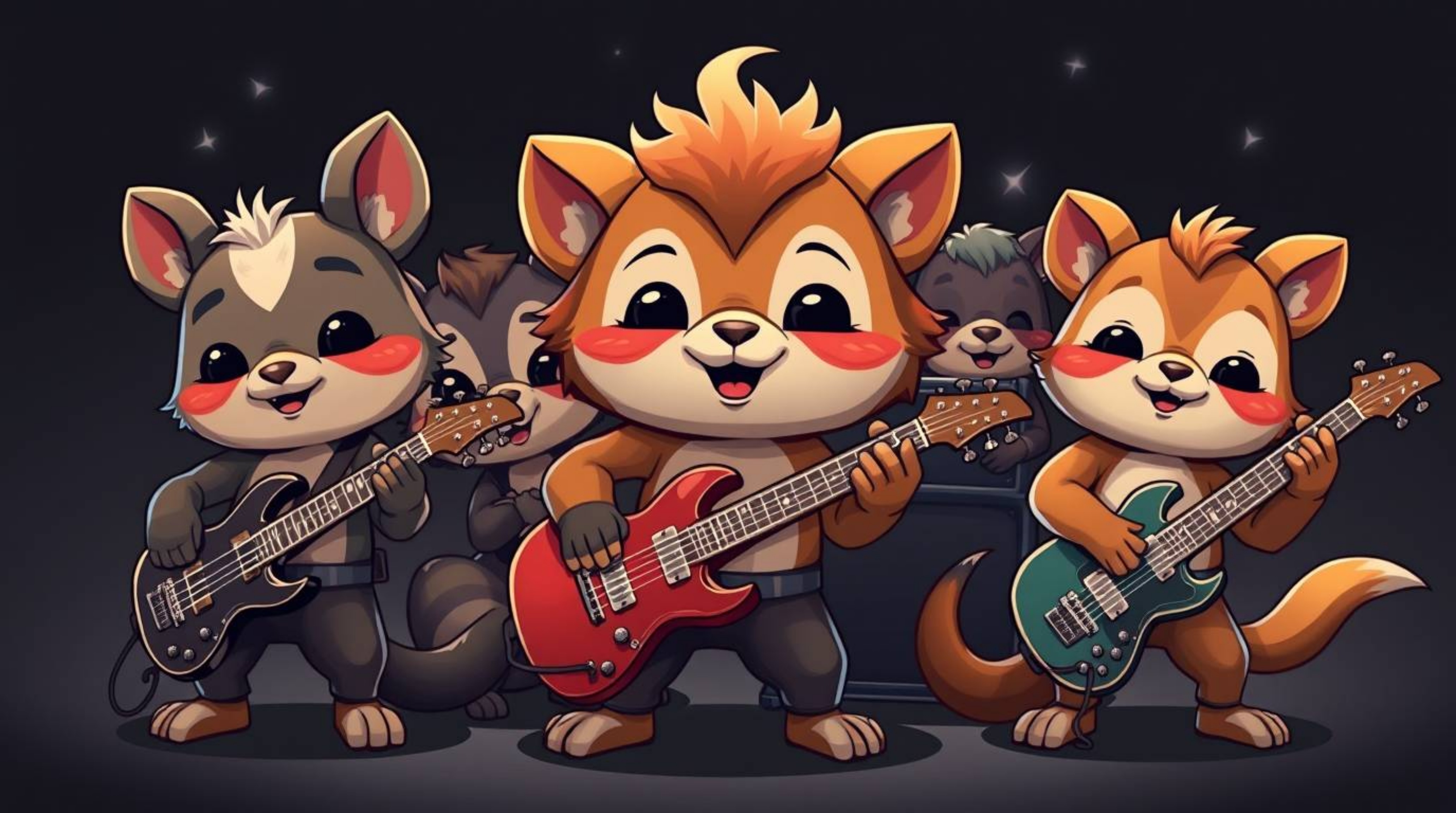 A charming band of cartoon animals playing rock music, rendered in a strong, moody style with low contrast to emphasize their