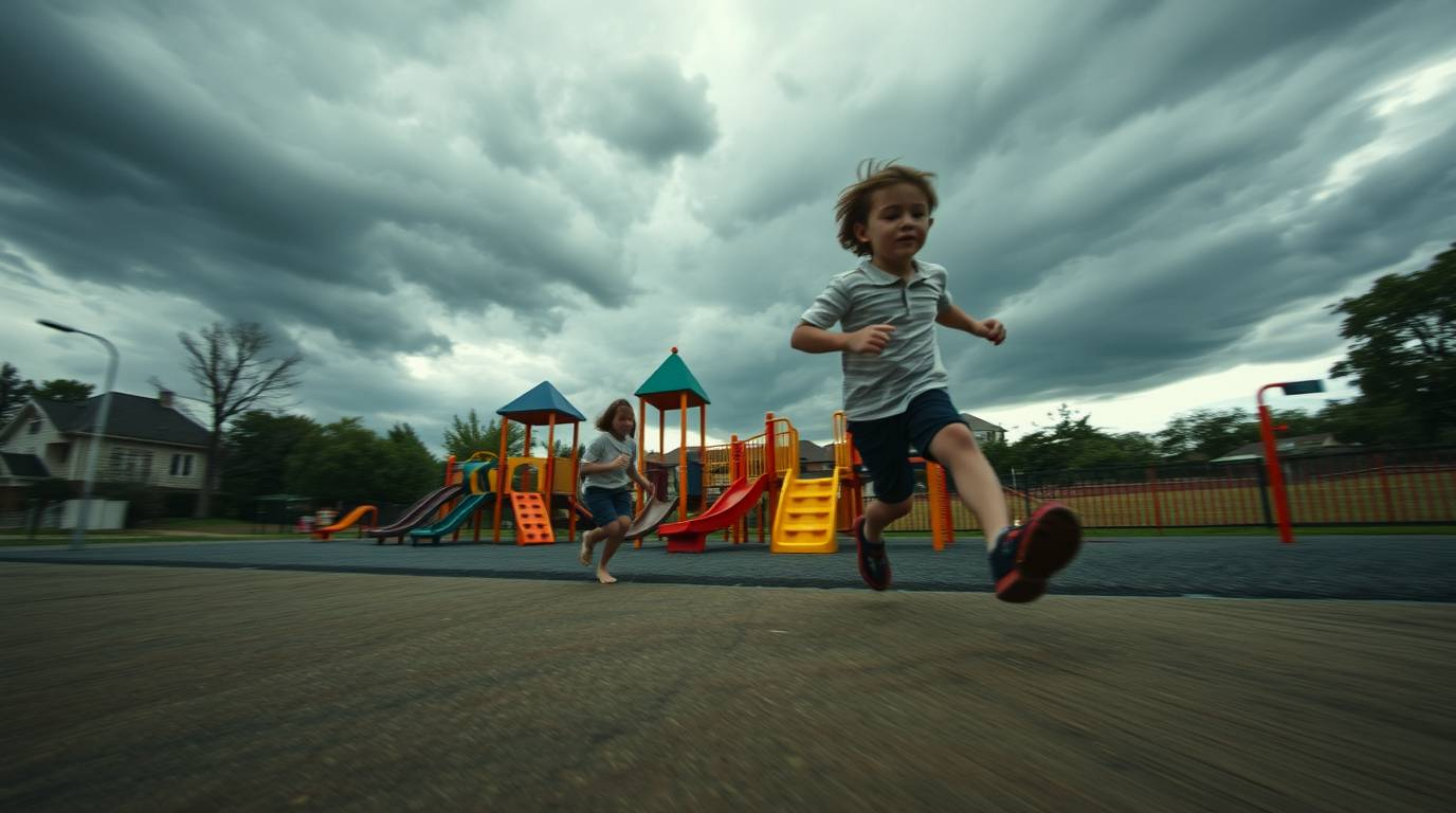 Experience a dramatic slow-motion run through a playground under intense weather conditions and stormy skies. This tight clos