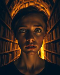 A person with wide eyes and fair skin stumbles upon a breathtaking hidden underground library bathed in warm, golden light. T