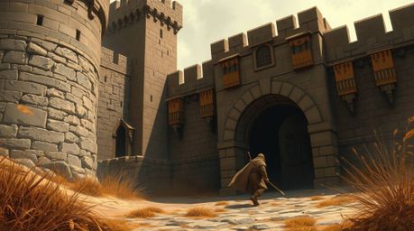 A thief's daring infiltration into a heavily guarded castle, captured in a palette of natural earth tones like browns and bei