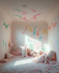 Immerse yourself in a room where vibrant paint explodes in soft pastel hues, creating a gentle and soothing atmosphere. This 