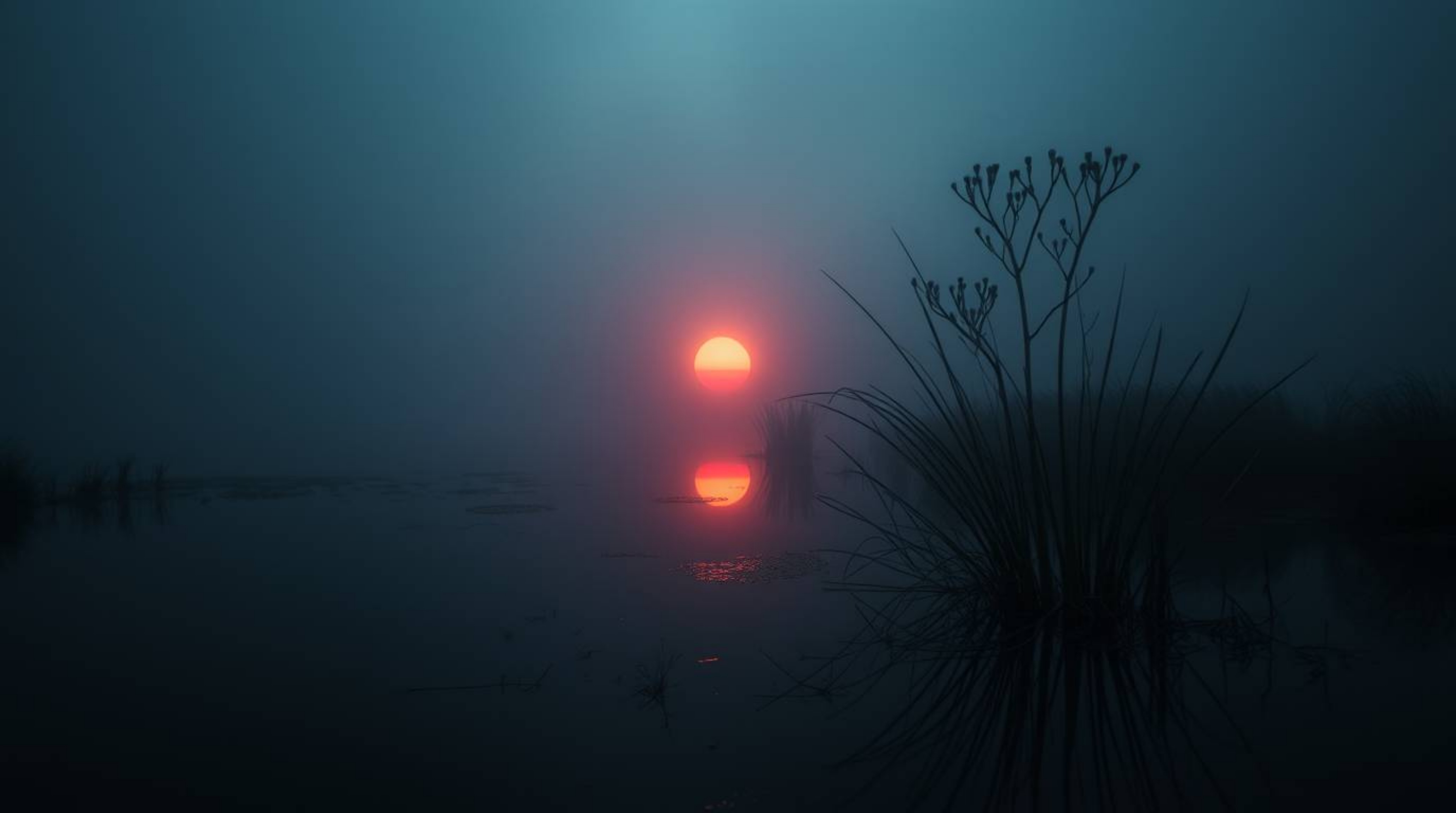 A captivating image showcasing a soft focus reflection of a colorful sunset in a tranquil pond. The eerie, creepy atmosphere 
