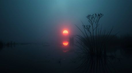 A captivating image showcasing a soft focus reflection of a colorful sunset in a tranquil pond. The eerie, creepy atmosphere 
