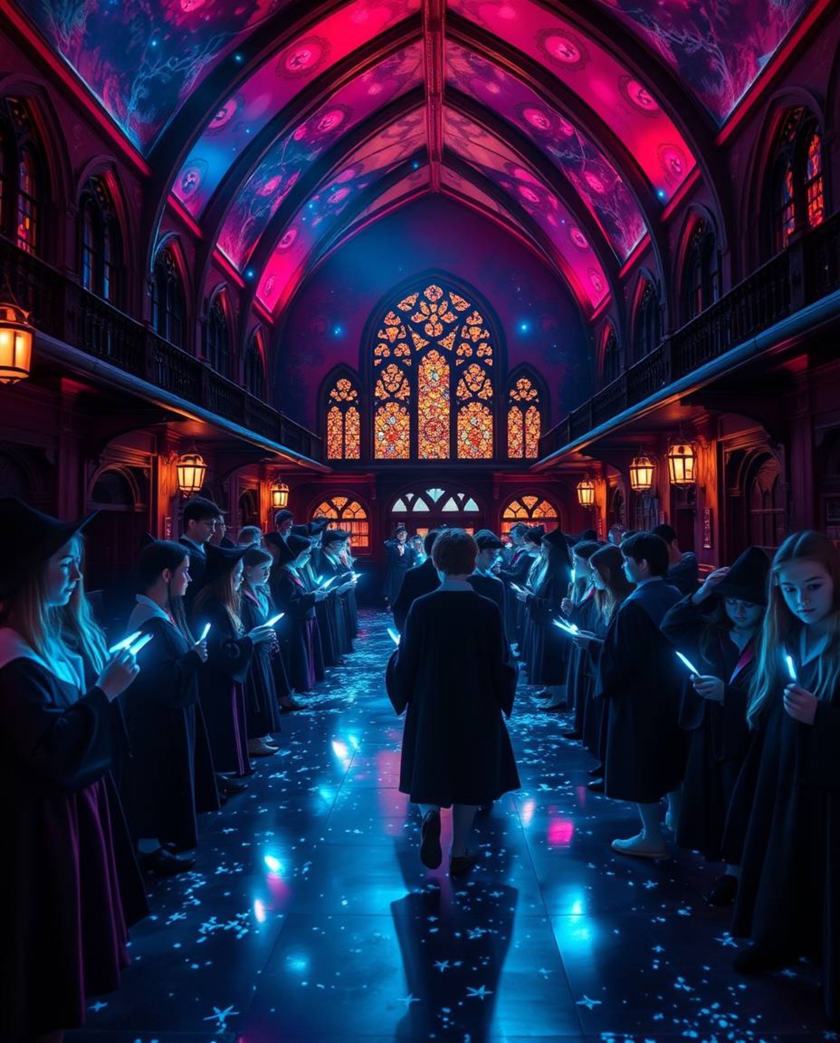 Explore a captivating magical school brimming with young wizards, bathed in the mesmerizing glow of rich burgundy and deep bl