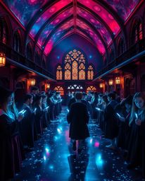 Explore a captivating magical school brimming with young wizards, bathed in the mesmerizing glow of rich burgundy and deep bl